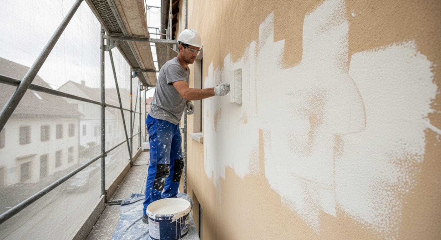 Mineralische Fassadenfarbe wird auf Putzfassade aufgetragen