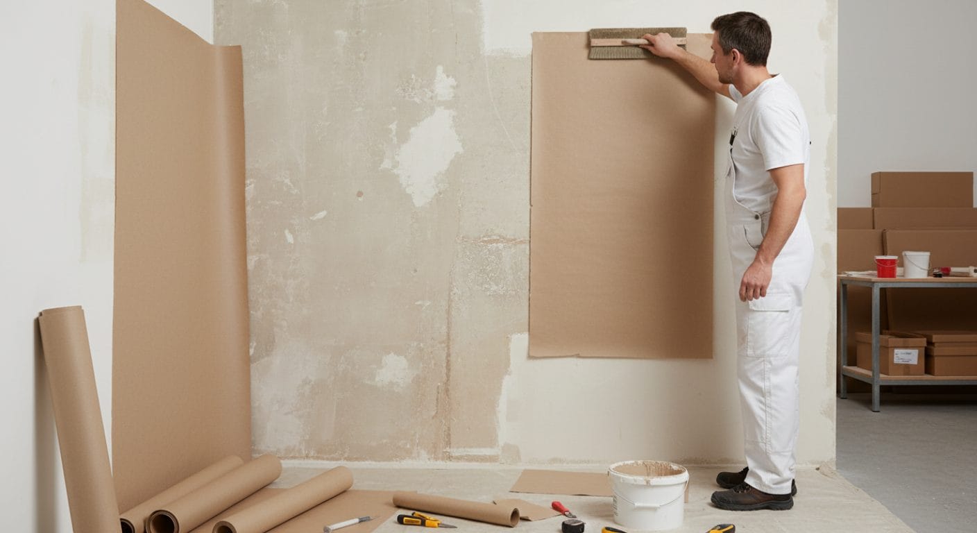 Makulaturpapier wird auf Wand vor dem Tapezieren aufgebracht
