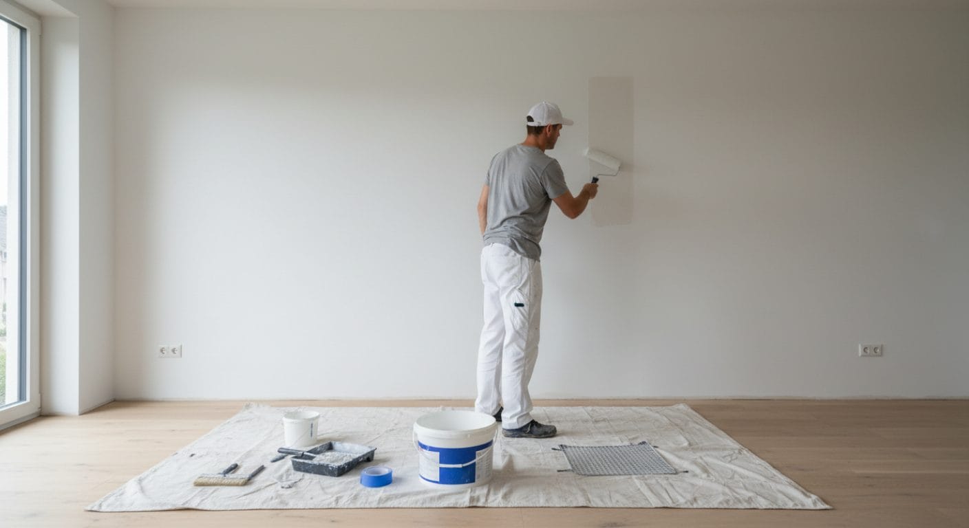 Wohnzimmerwand wird mit Innendispersionsfarbe gestrichen