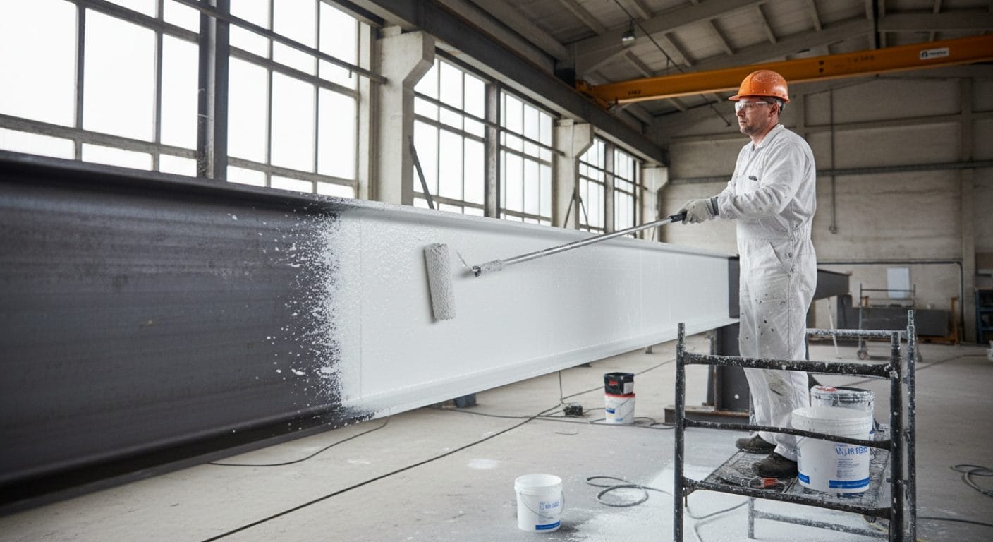 Brandschutzbeschichtung wird auf einen Stahlträger aufgetragen