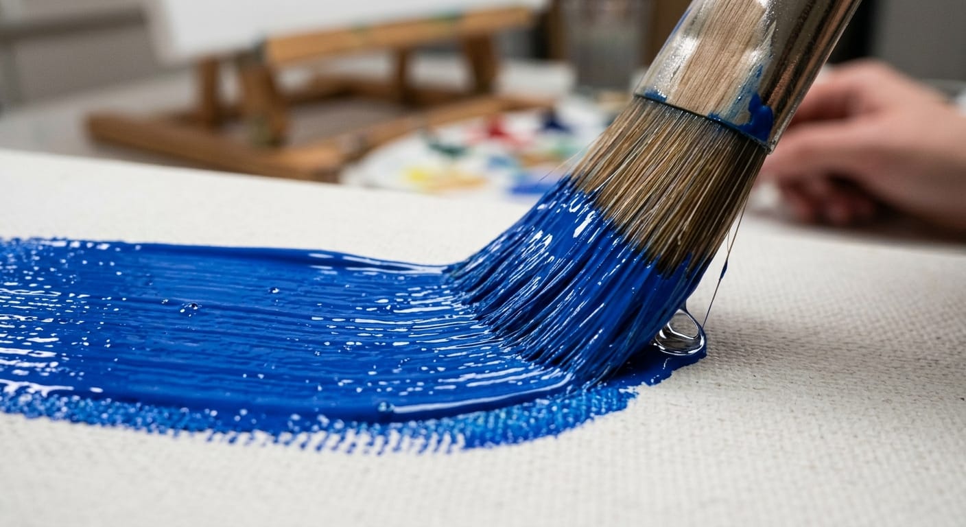Blaue Acrylfarbe wird mit einem breiten Pinsel in deckenden Strichen auf eine Leinwand aufgetragen