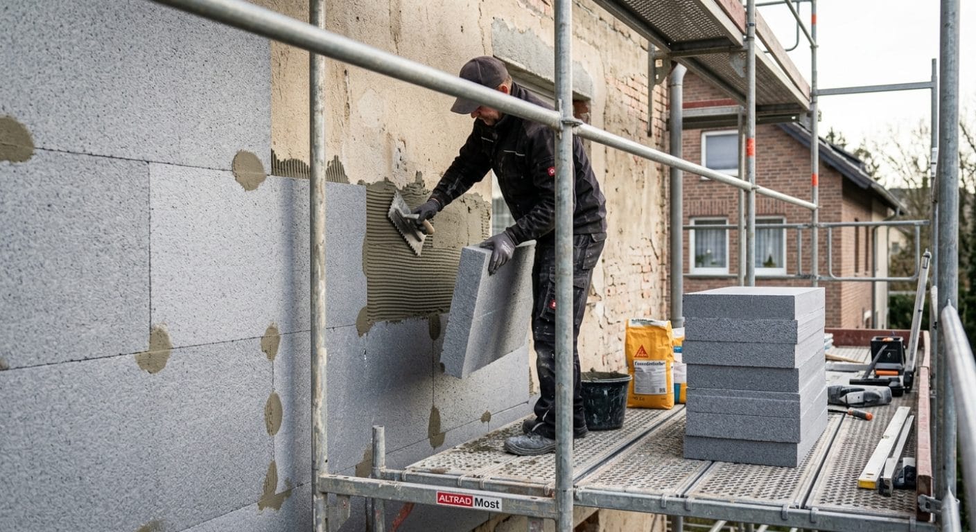 Dämmplatten eines Wärmedämmverbundsystems werden auf eine Hausfassade geklebt
