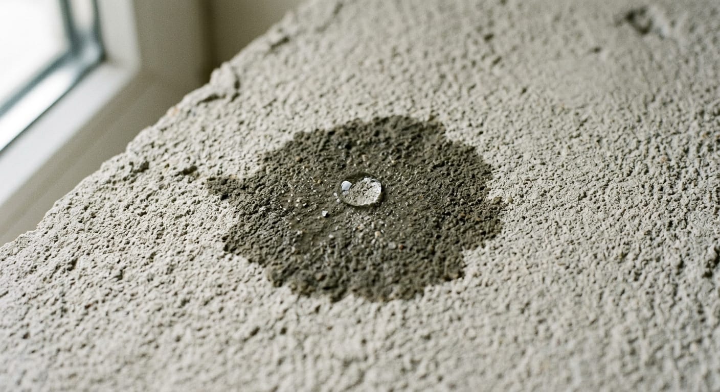 Wassertropfen wird von einer saugfähigen Putzoberfläche an der Fensterlaibung aufgenommen