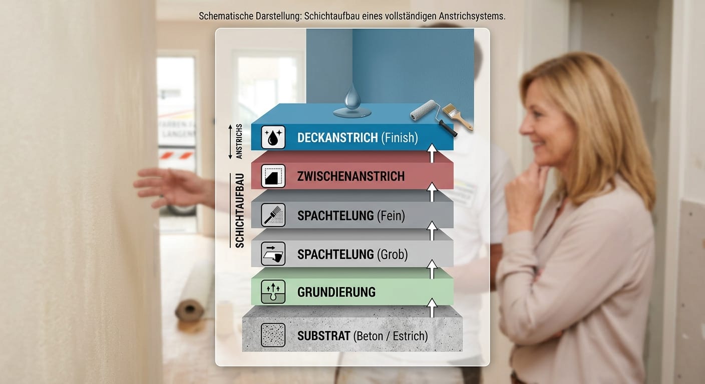 Schematische Darstellung des Schichtaufbaus eines vollständigen Anstrichsystems von Substrat über Grundierung und Spachtelung bis zum Deckanstrich