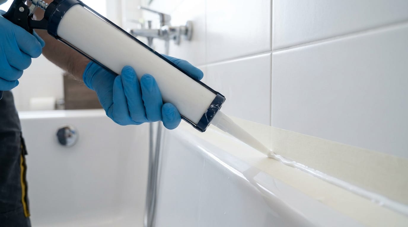 Dichtstoff wird mit der Kartuschenpistole entlang der Fuge zwischen Badewanne und Fliesen aufgetragen
