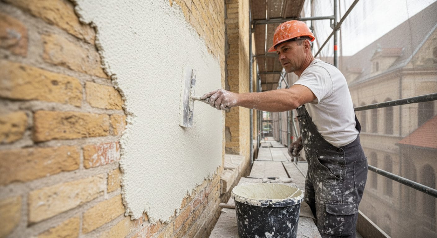 Mineralischer Fassadenputz wird auf historischer Fassade aufgetragen