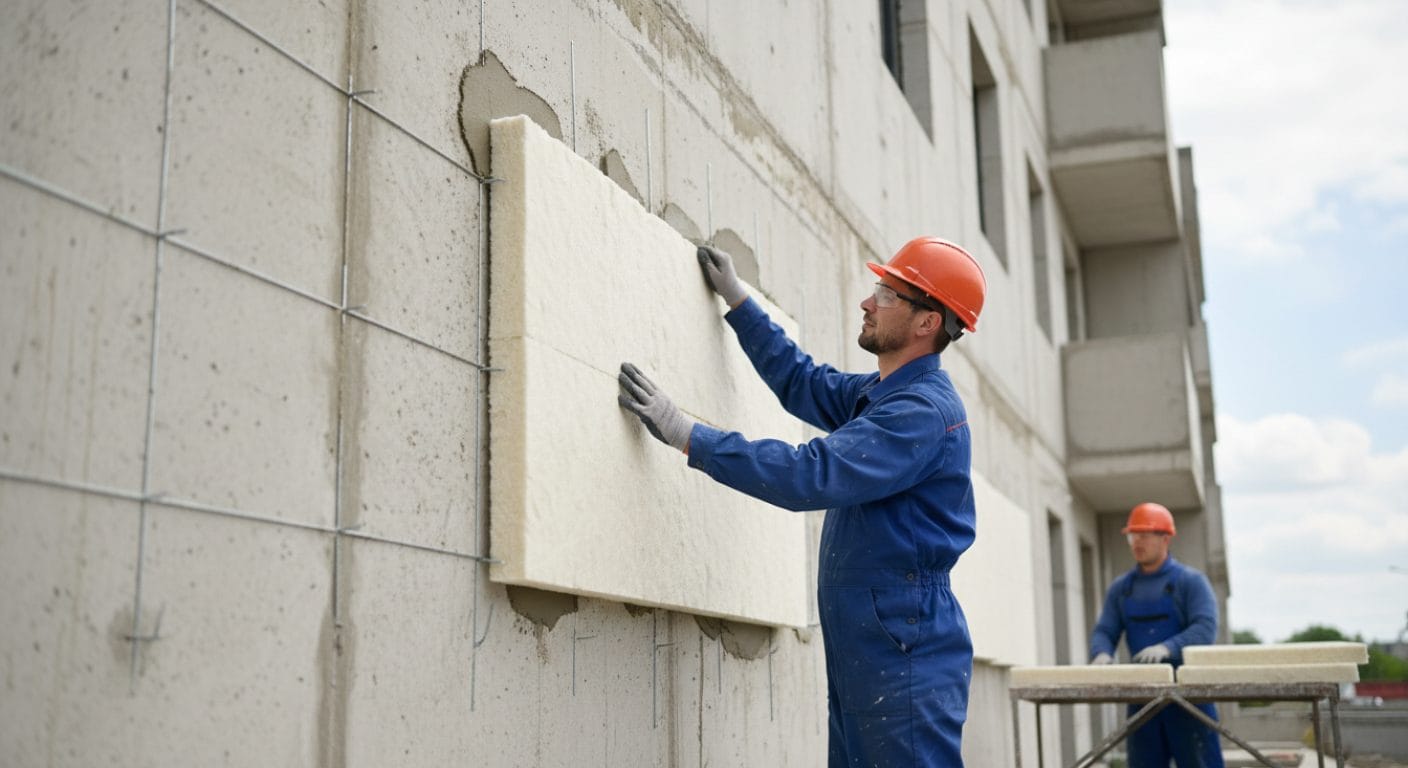 Mineralwolle-Dämmplatten werden an Fassade montiert