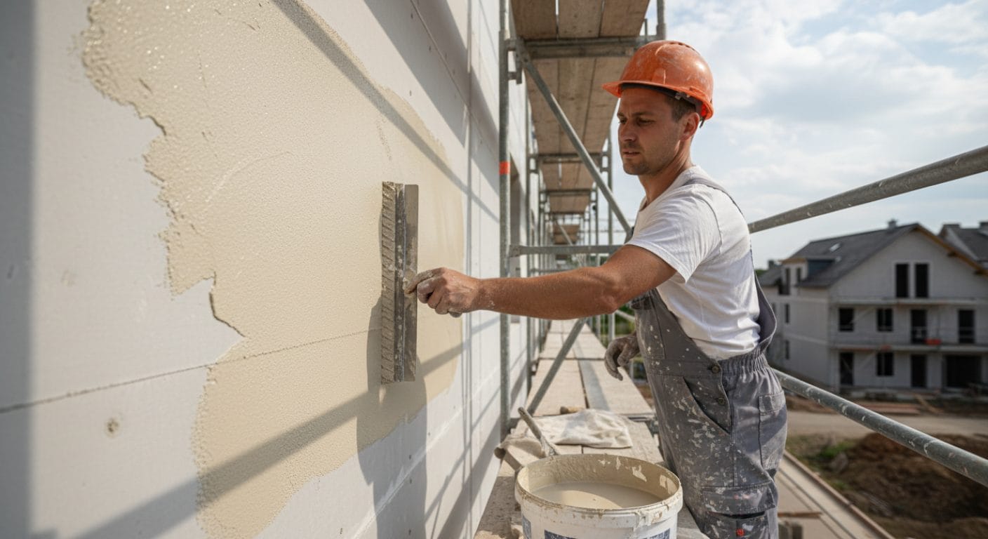Organische Fassadenfarbe wird auf WDVS-Fassade aufgetragen