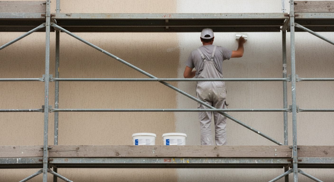 Maler streicht Fassade, davor zwei neutrale Farbeimer