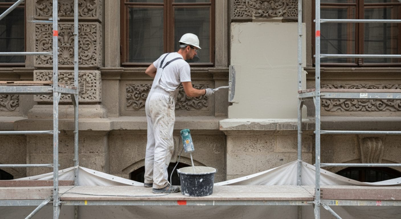 Silikatputz wird auf denkmalgeschützter Fassade aufgetragen