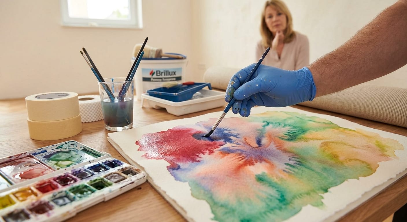 Aquarellmalerei: bunte Wasserfarben werden mit dem Pinsel zu einem Blütenmotiv auf Papier verwischt, Farbpalette und Pinselgläser im Vordergrund