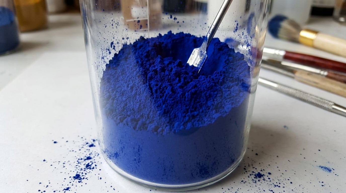 Glas mit tiefblauem Berliner-Blau-Pigmentpulver, daneben Spatel und Pinsel