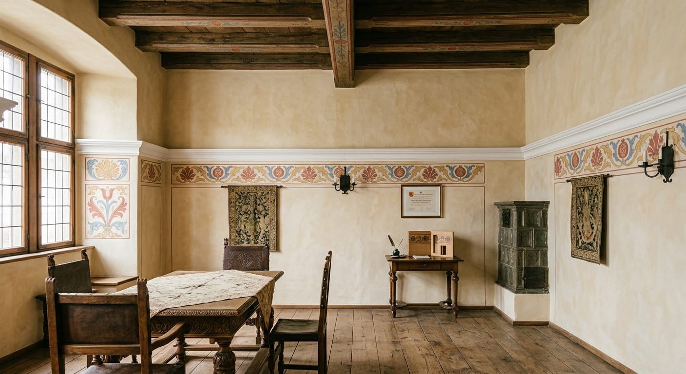 Historischer Raum mit binderfarbig gestrichenen Wänden und handgemalten floralen Bordüren unterhalb der Deckenbalken