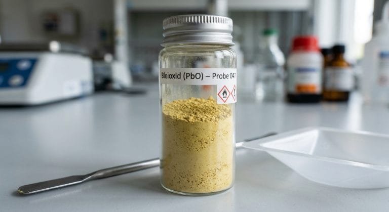 Laborglas mit gelbem Bleioxid-Pulver (PbO), beschriftet als Probe, mit Gefahrensymbol und Spatel im Labor