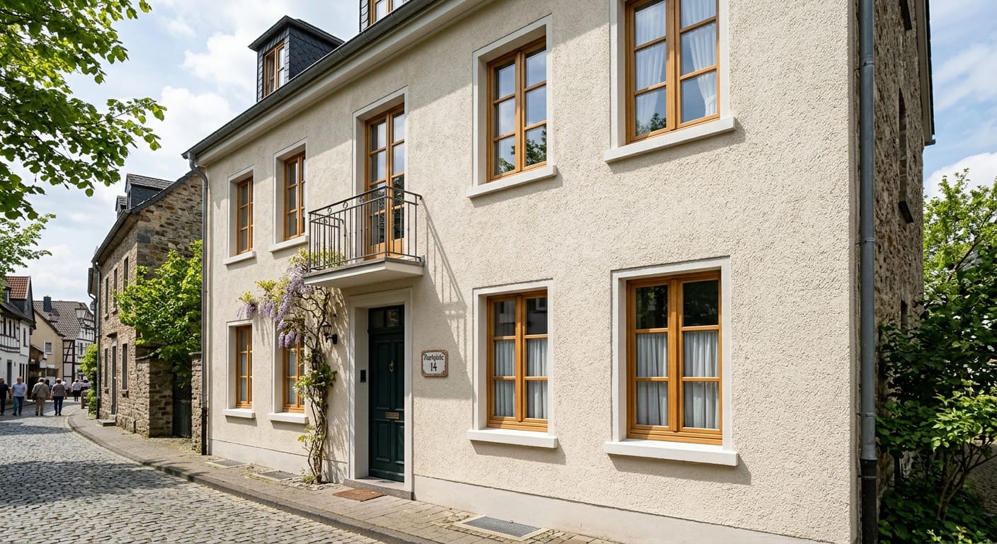 Sanierte Altbaufassade mit heller Dispersionssilicatfarbe, Holzfenstern und Balkon in einer historischen Altstadtgasse