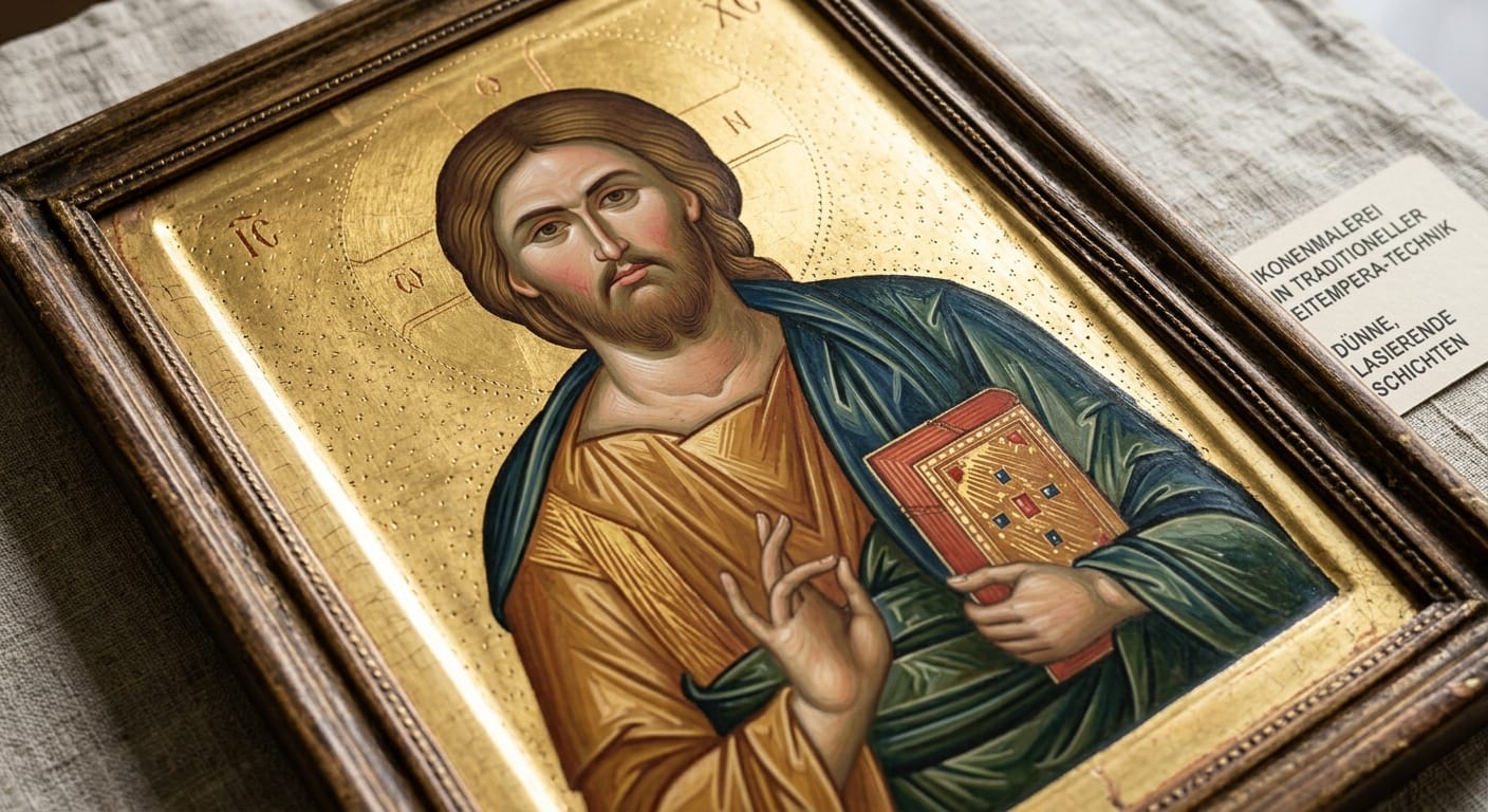 Ikone in traditioneller Eitempera-Technik mit dünnen lasierenden Farbschichten auf Goldgrund