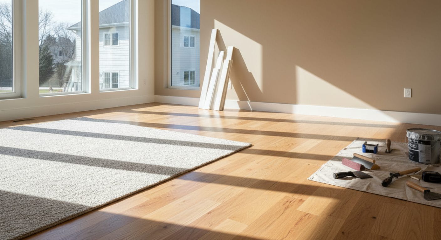 Sonnenlicht fällt durch eine große Fensterfront in einen Wohnraum