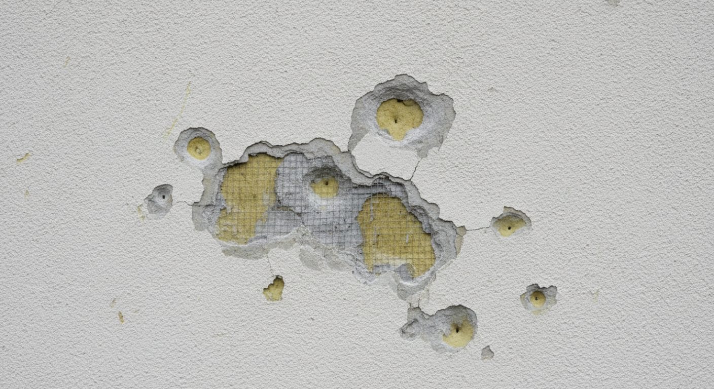 Kraterförmige Hagelschlag-Einschläge in einer WDVS-Fassade