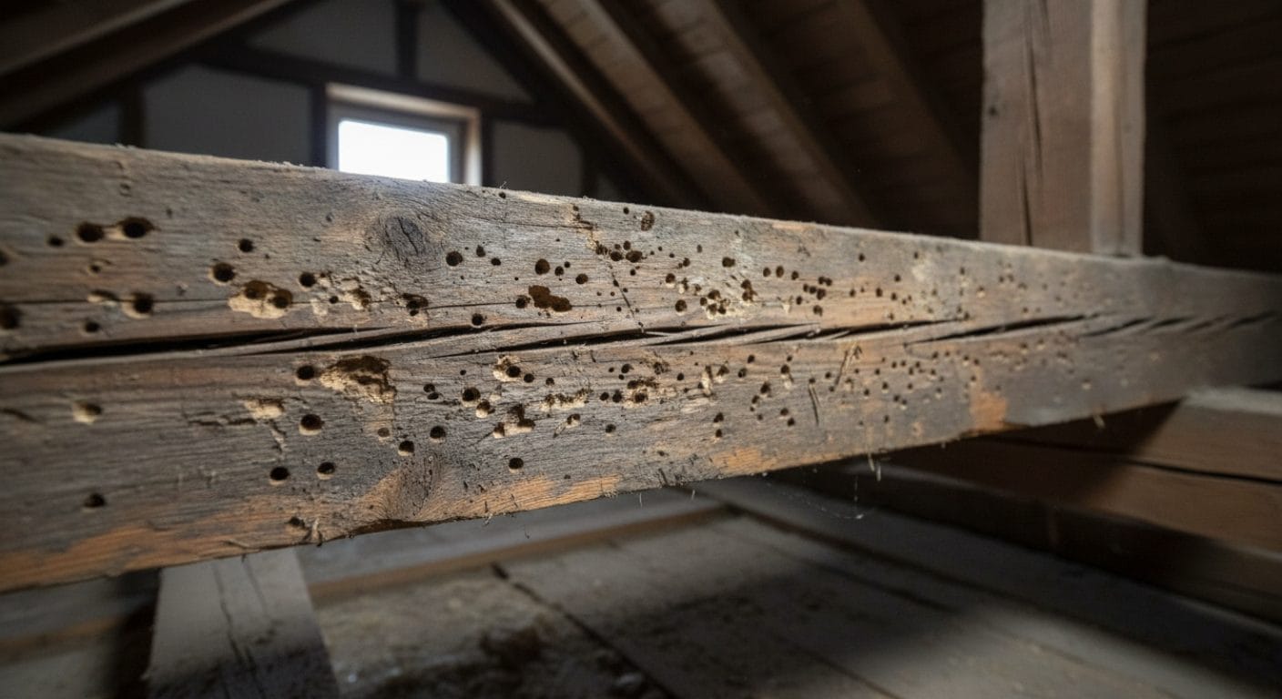 Ausfluglöcher durch Insektenbefall im Dachbalken