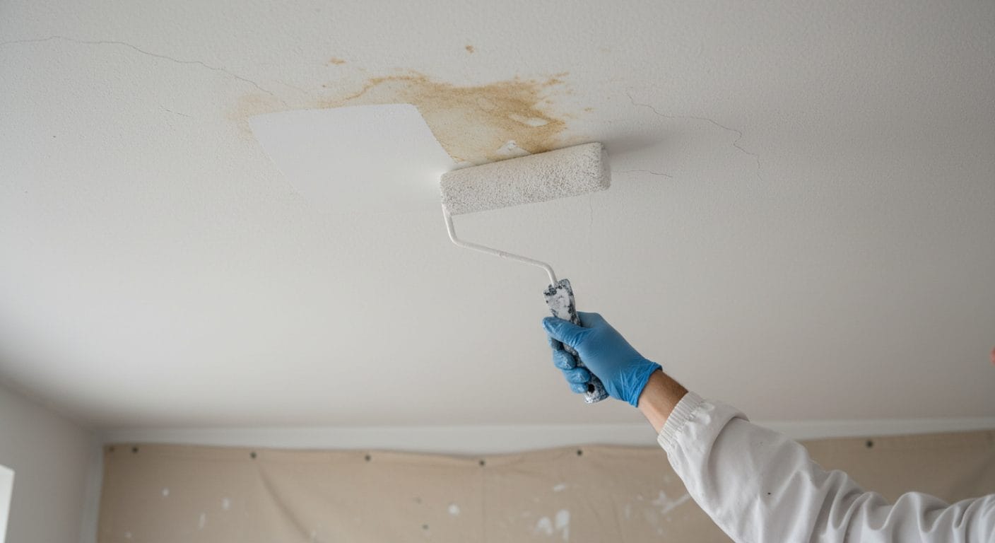 Isolierfarbe wird auf Wasserfleck an Decke aufgetragen