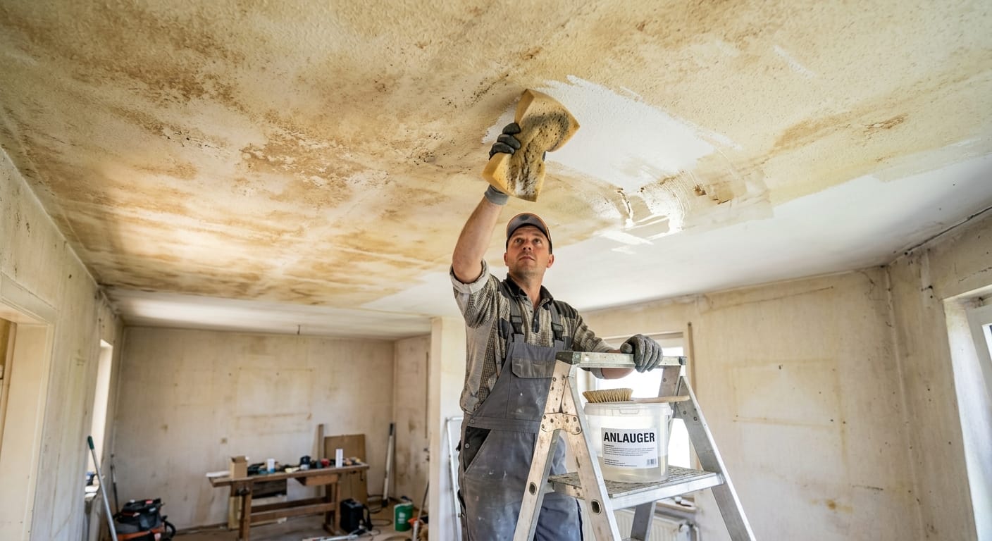 Handwerker trägt mit einem Schwamm Anlauger auf eine verschmutzte Zimmerdecke auf, Eimer mit Produktbeschriftung auf der Leiter