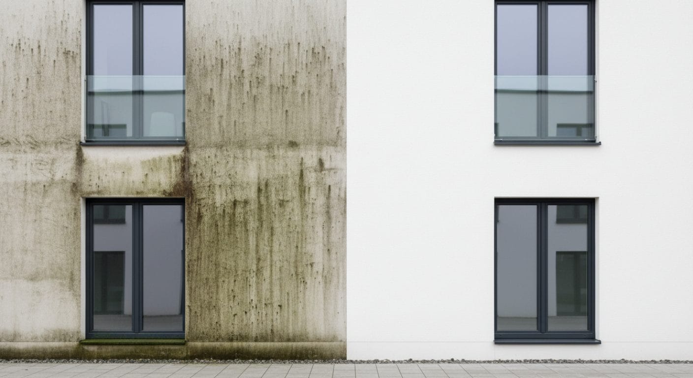 Vergleich algenbewachsener und algizidbehandelter Fassade