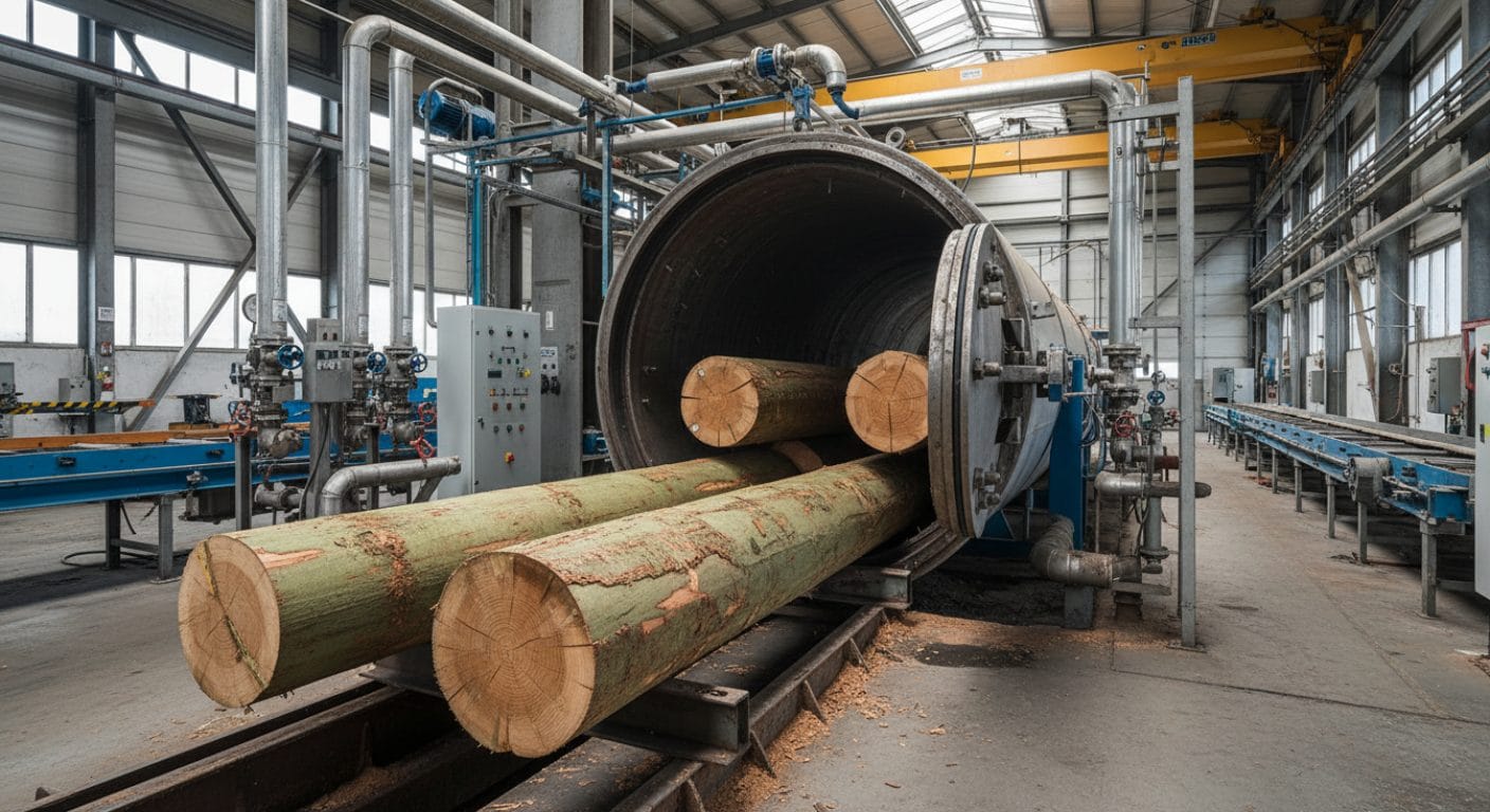 Industrielle Kesseldruckimprägnierung von Konstruktionsholz