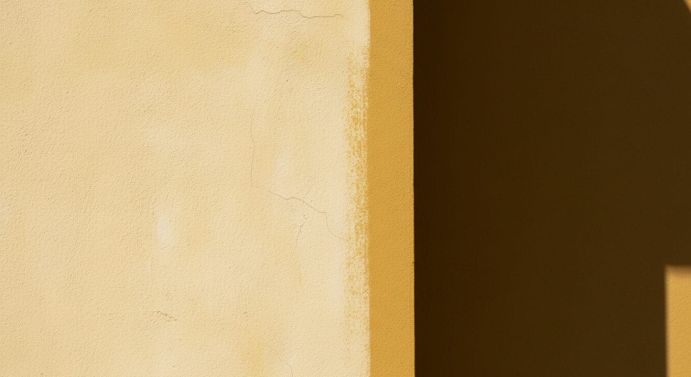 Ausgeblichener Farbstreifen neben geschuetztem Bereich an einer Fassade
