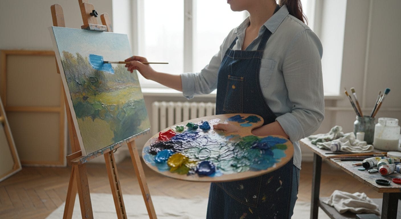Ölmalerei mit Palette und Leinwand im Atelier