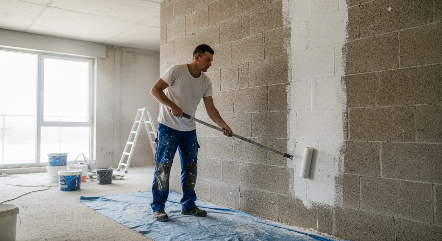 Maler trägt Grundierung auf eine Rohbauwand auf