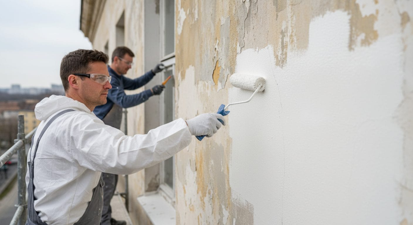 Siliconharz-Fassadenfarbe wird auf bewitterter Fassade aufgetragen
