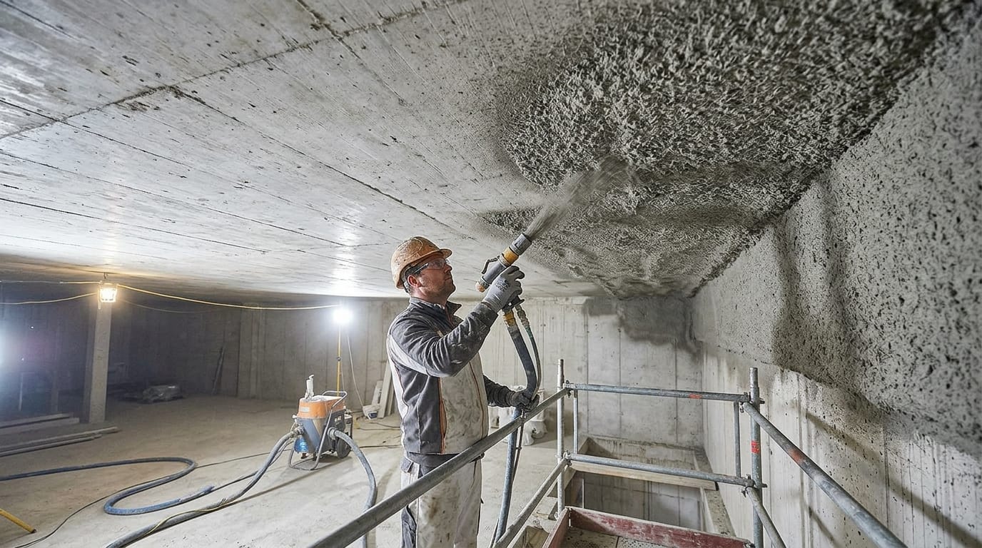 Aufspritzen von Brandschutzputz auf eine Betondecke