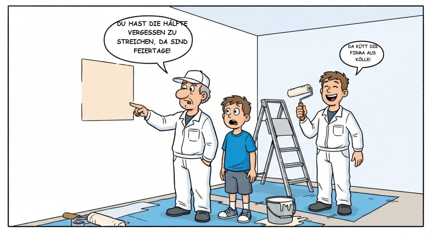 Comic: Malermeister zeigt dem Lehrling eine vergessene, ungestrichene Wandstelle