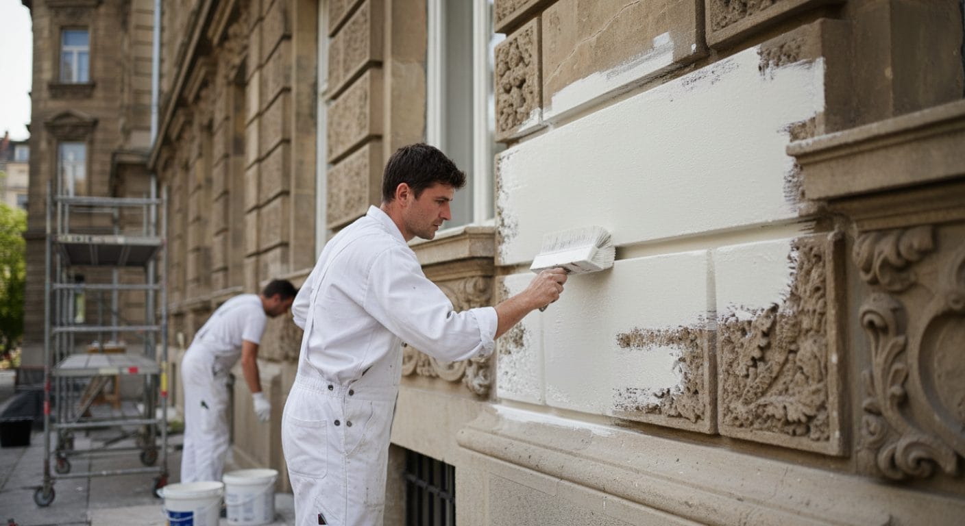 Reinsilicatfarbe wird auf denkmalgeschützter Fassade aufgetragen