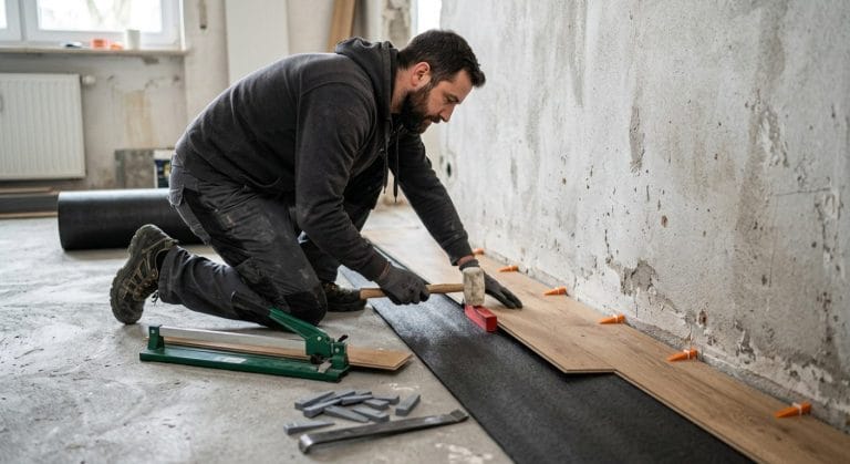 Erste Reihe Klick-Vinyl wird auf vorbereitetem Untergrund verlegt, daneben Verlegeset und Trittschalldämmung