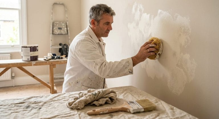 Wandfläche wird mit dem Schwamm in unregelmäßigen Flecken gestaltet