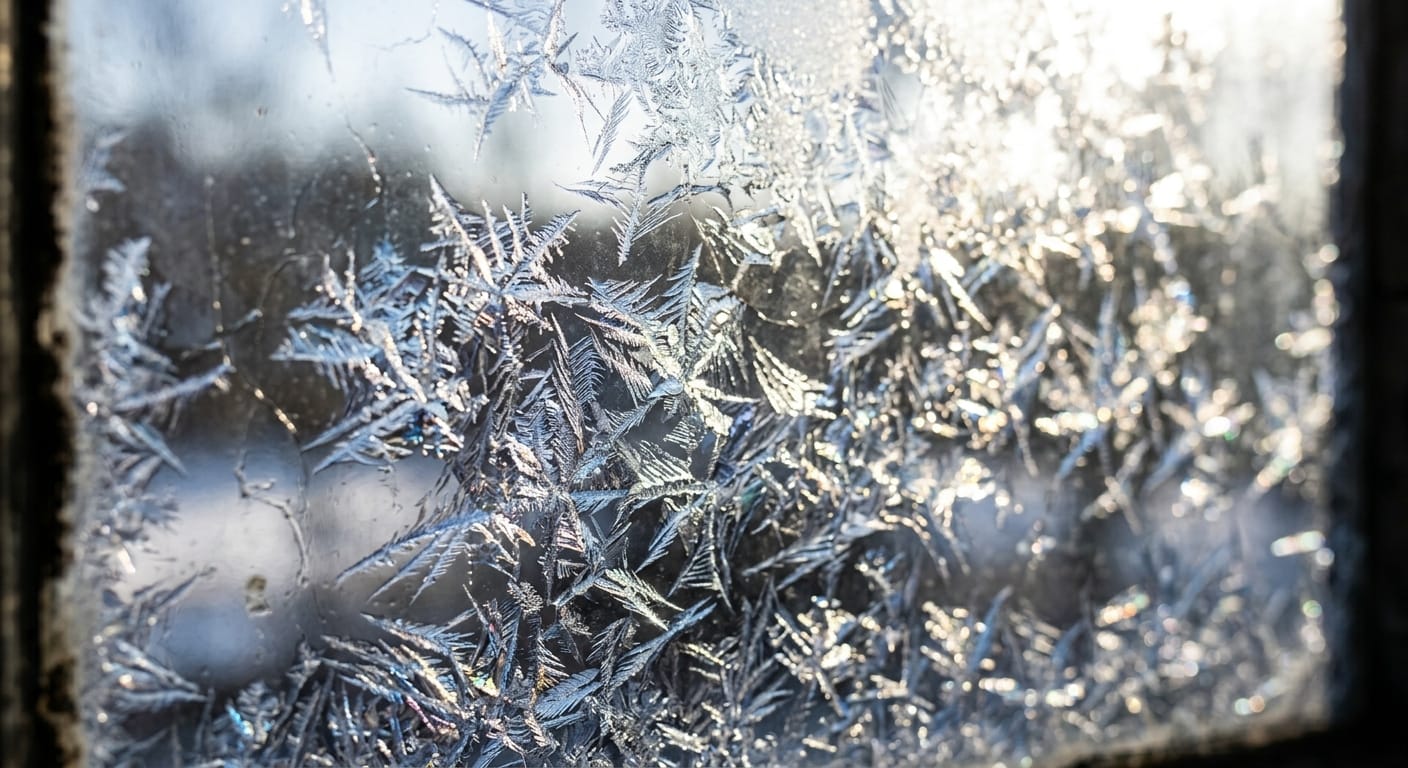 Eisblumen aus feinen Frostkristallen bilden filigrane Muster auf einer Fensterscheibe