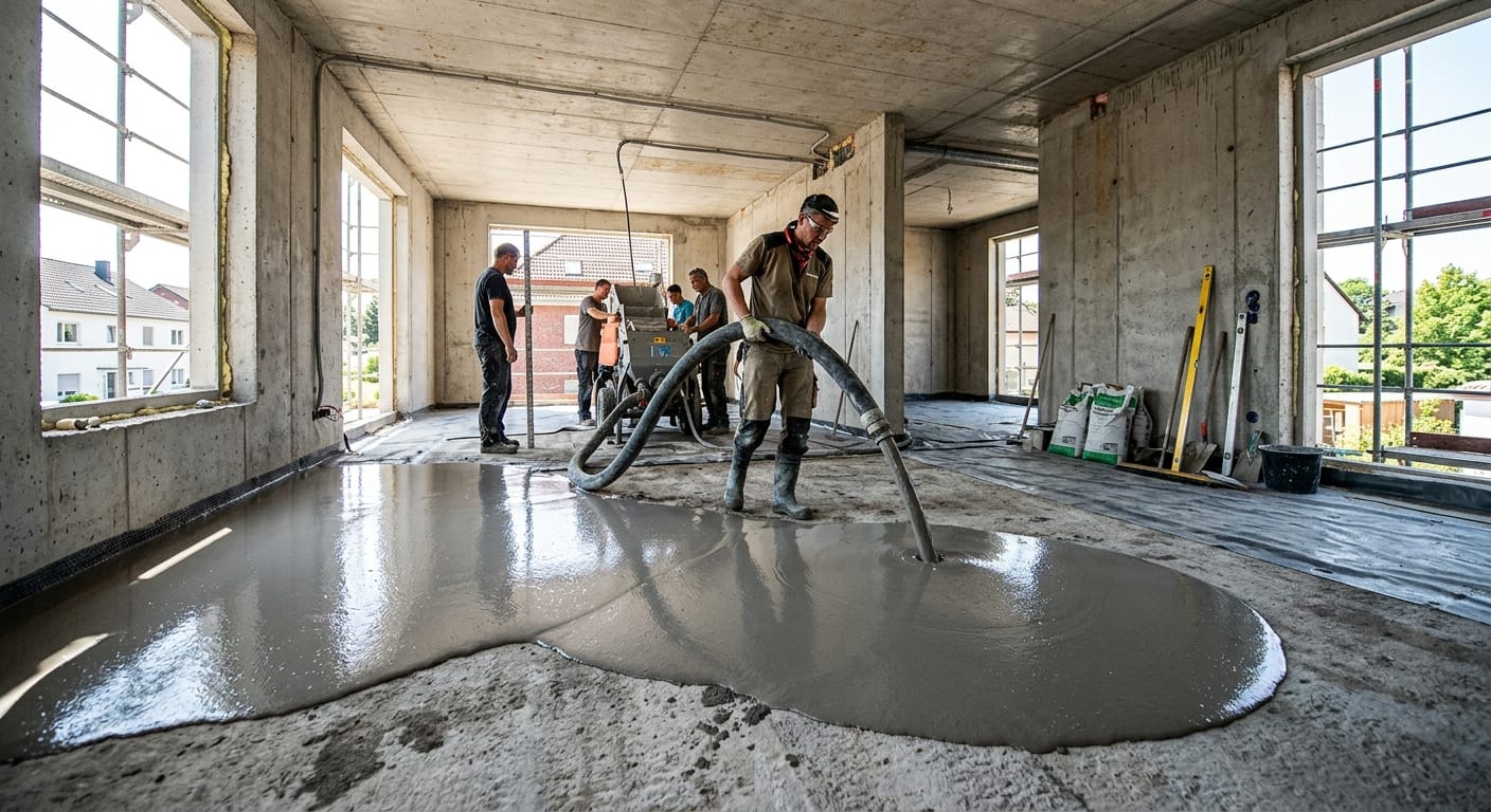 Handwerker verteilt flüssigen Ausgleichsestrich mit einem Schlauch auf dem Rohbetonboden eines Neubauraums