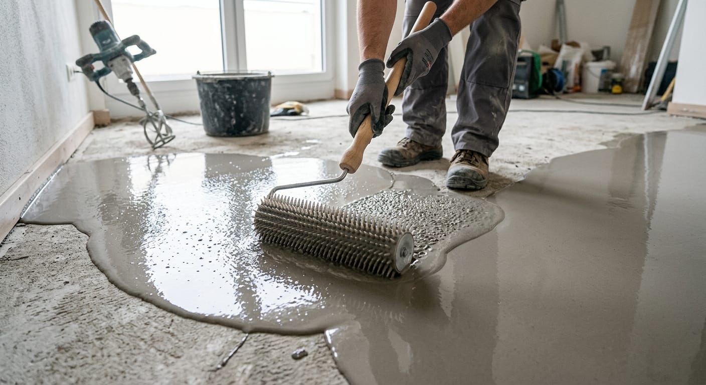 Ausgleichsmasse wird mit der Stachelwalze auf dem frisch gegossenen Boden verteilt und entlüftet