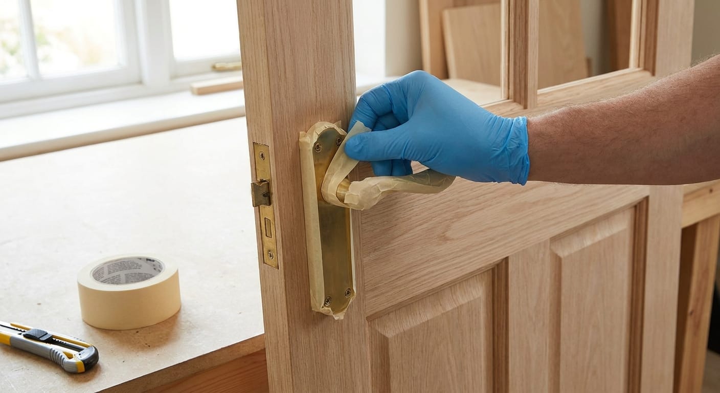 Handwerker umwickelt einen Türgriff mit Abdeckklebepunkten/Malerkrepp zum Schutz vor Farbe an einer Holztür