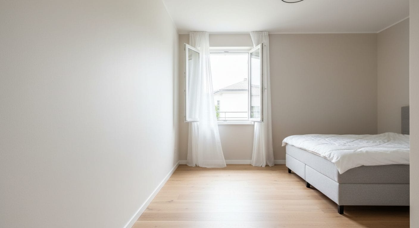 Emissionsarm gestrichenes Schlafzimmer mit geöffnetem Fenster