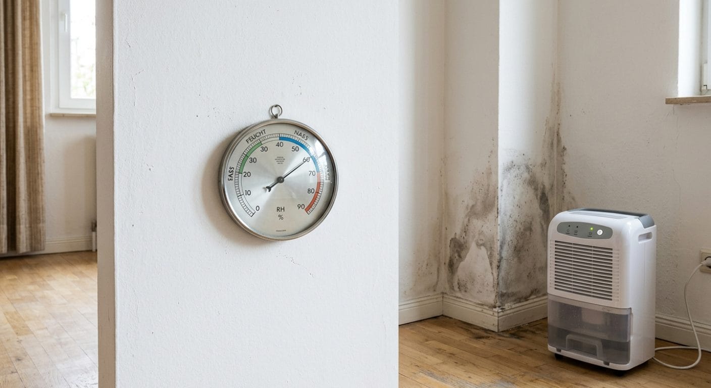 Hygrometer an einer Wohnzimmerwand neben einer feuchten Außenwandecke, davor ein Luftentfeuchter
