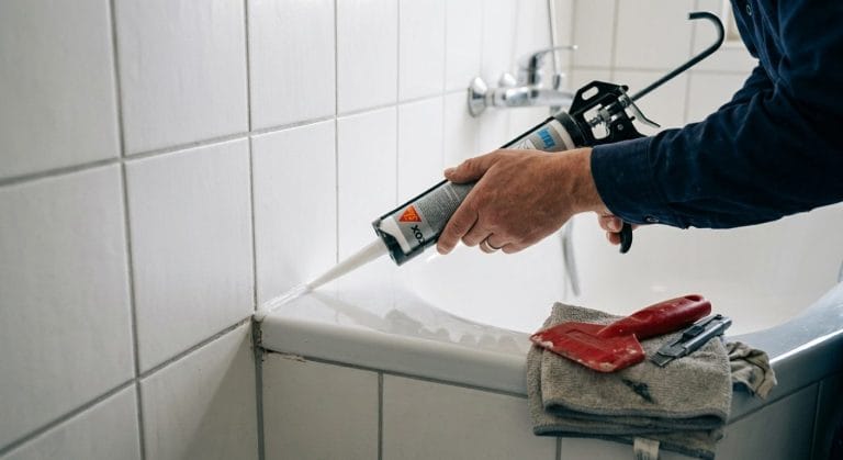 Silikonfuge wird am Übergang von der Fliesenwand zur Badewanne gezogen