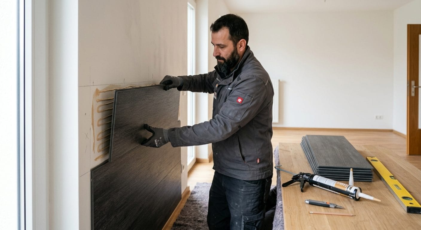Wandpaneele werden mit Montagekleber an einer Innenwand angebracht