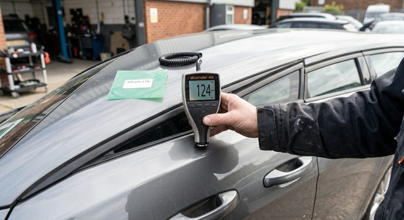 Digitales Lackmessgerät wird zur Messung der Lackschichtdicke auf eine Autotür aufgesetzt
