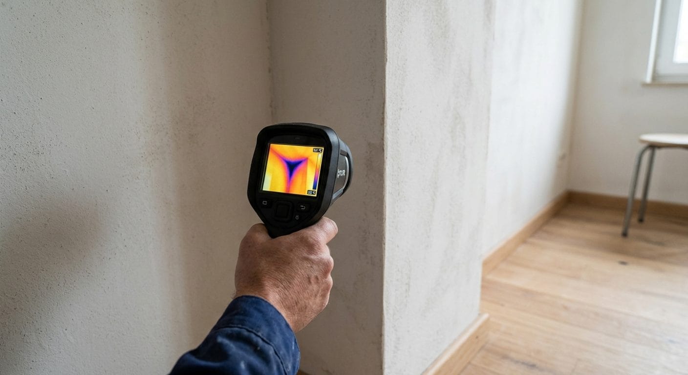 Wärmebildkamera wird auf eine Innenwand gerichtet, auf dem Display ist eine kalte Ecke als Wärmebrücke sichtbar