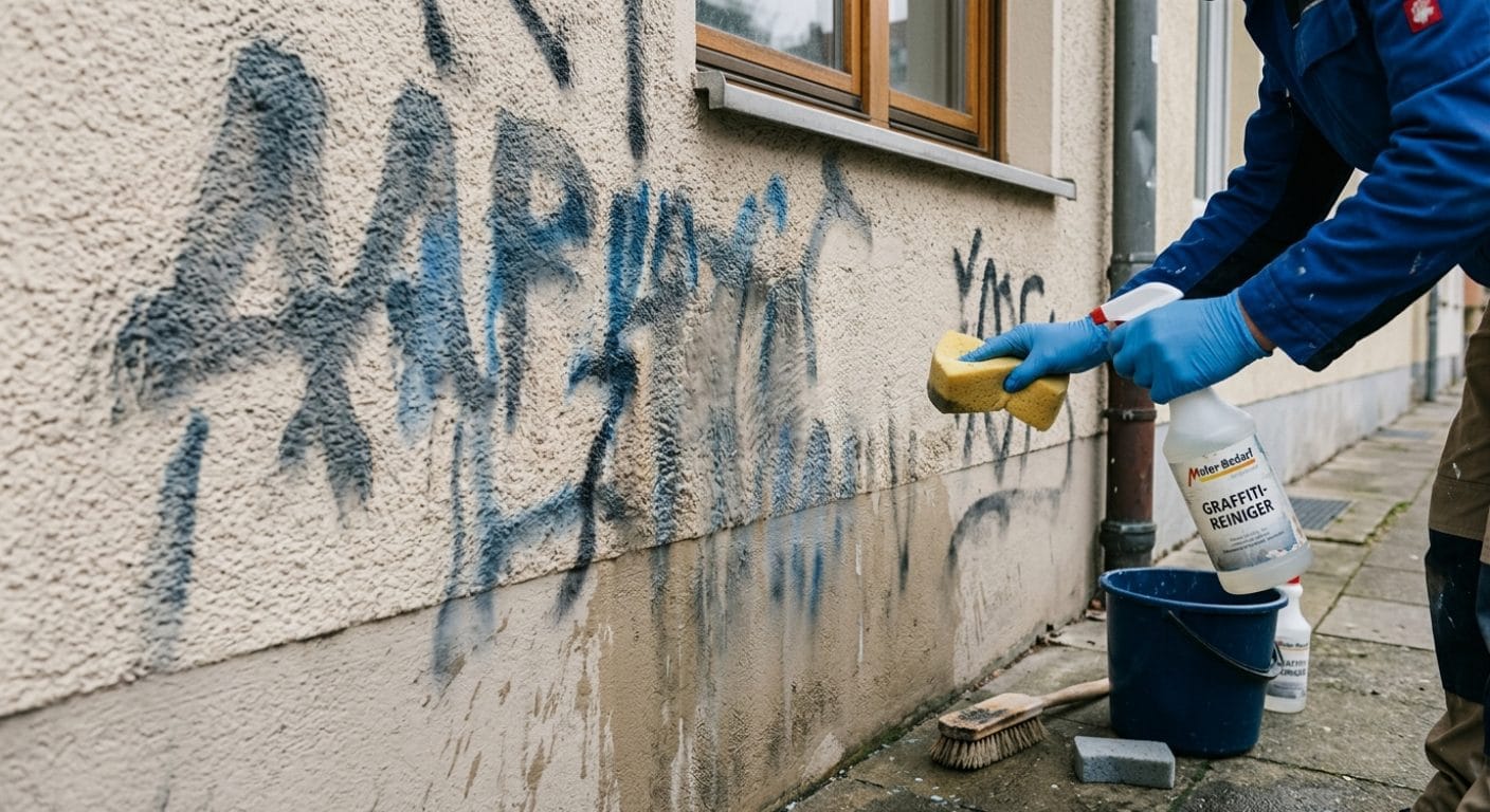 Graffiti-Entferner auf einer verputzten Hausfassade in Anwendung