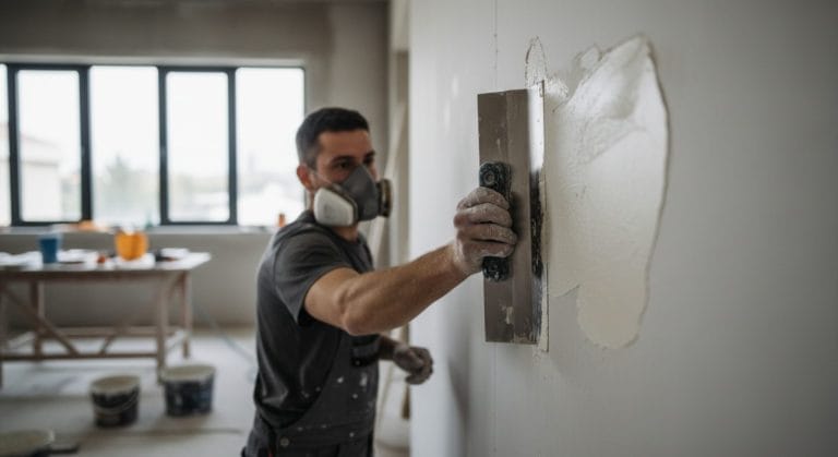 Verspachteln einer Gipskartonplatte im Streiflicht