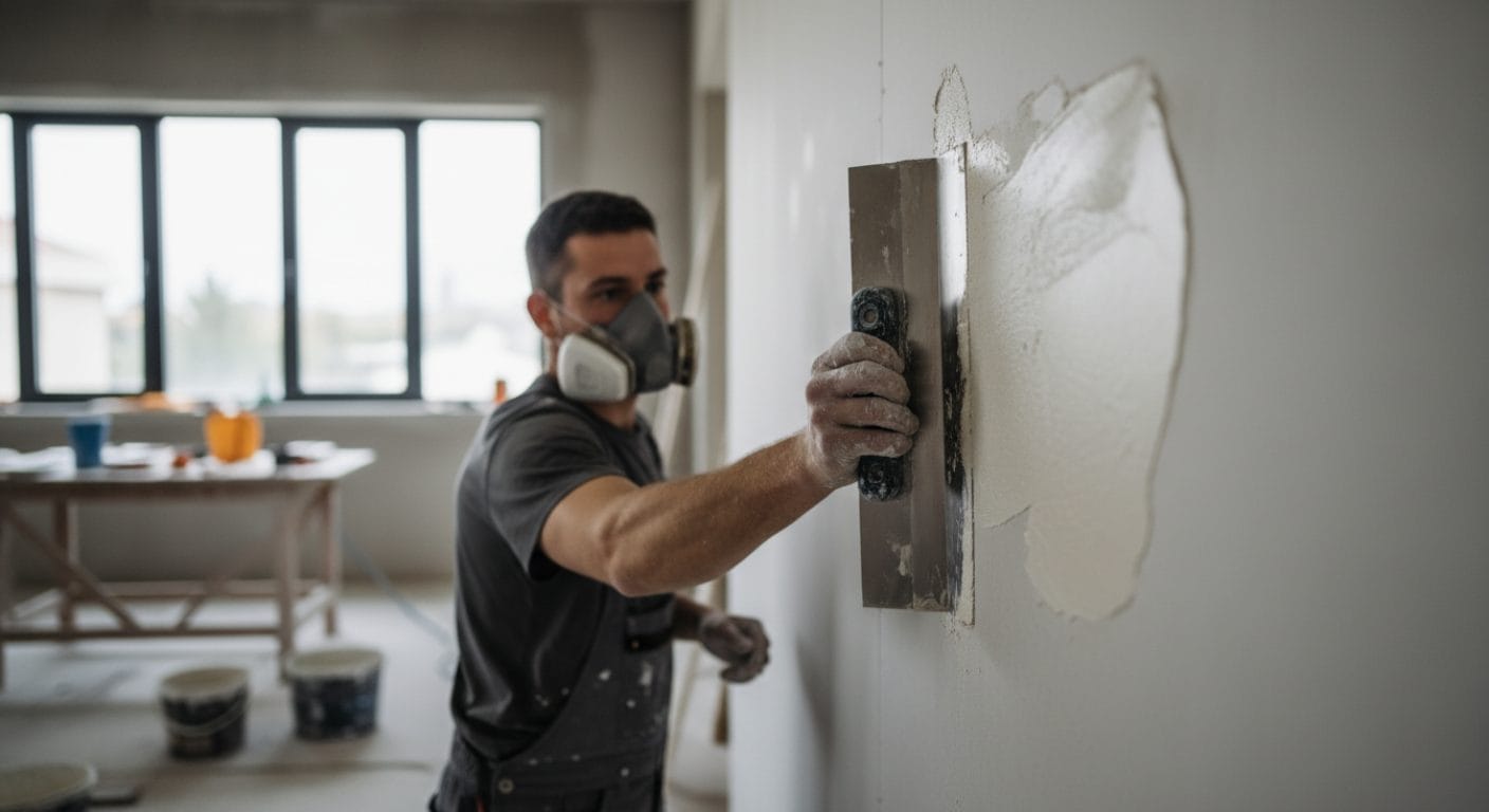 Verspachteln einer Gipskartonplatte im Streiflicht