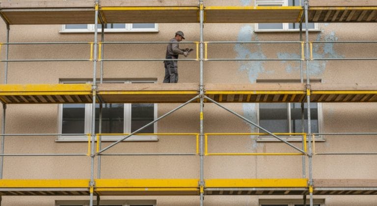 Fassadengerüst mit vollständigem Seitenschutz an einer Hausfassade